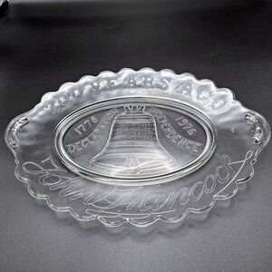 1976 Bicentennial Clear Glass Serving Plate Liberty Bell John Hancock